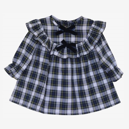Blue plaid blouse with velvet bows