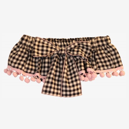Black and off-white square bloomer with pink pompom.