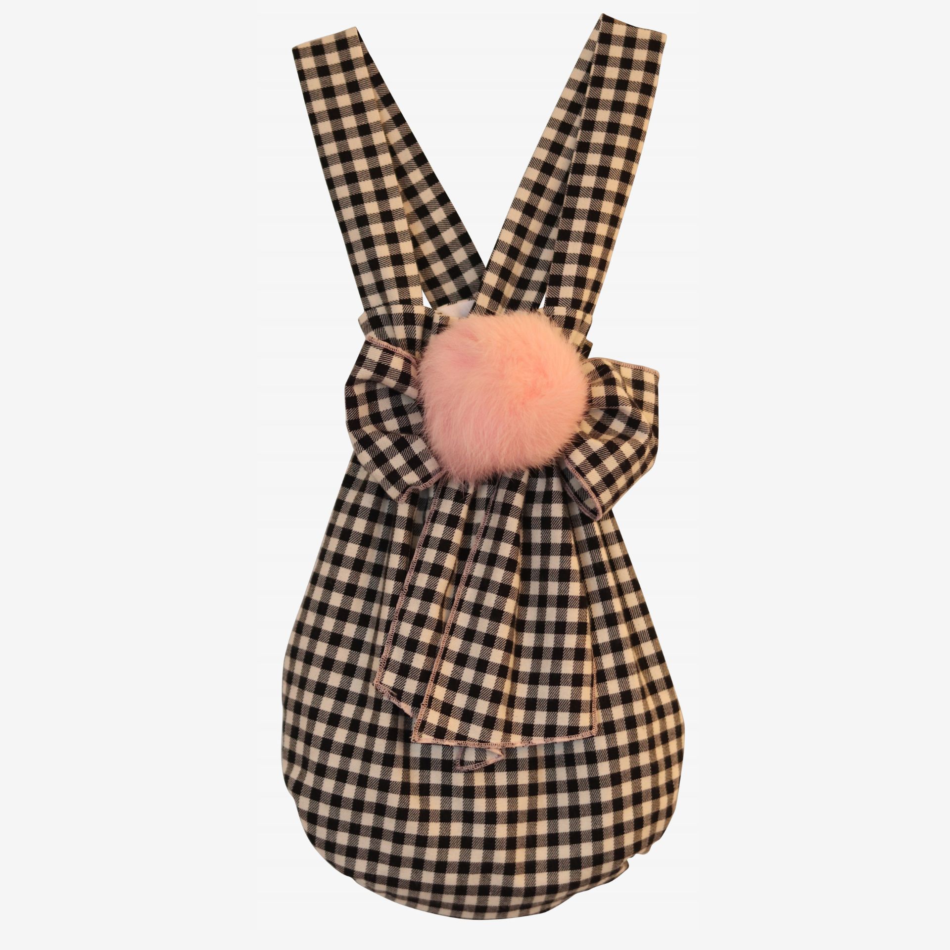 Black and cream squares romper  with pink pompom.