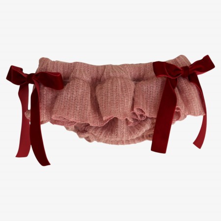 Pink knit bloomer with burgundy velvet bows