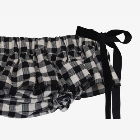 Black and off-white square bloomer with black velvet bows.