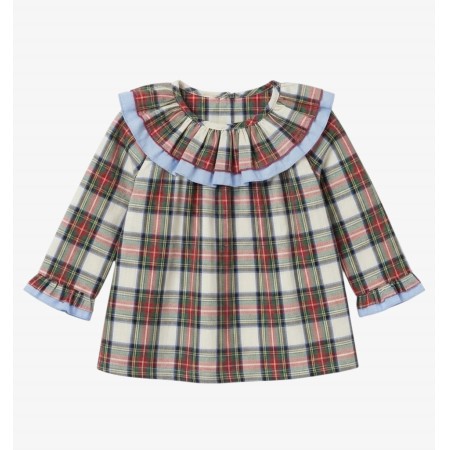 Red and cream plaid blouse with double collar. Red and cream plaid blouse with double collar.