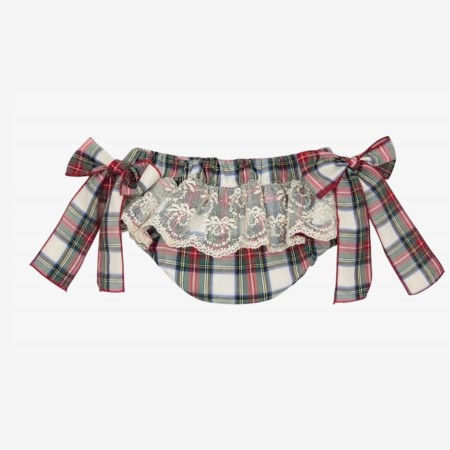 Ivory and red checkered bloomer with Venetian lace. Ivory and red checkered bloomer with Venetian lace.