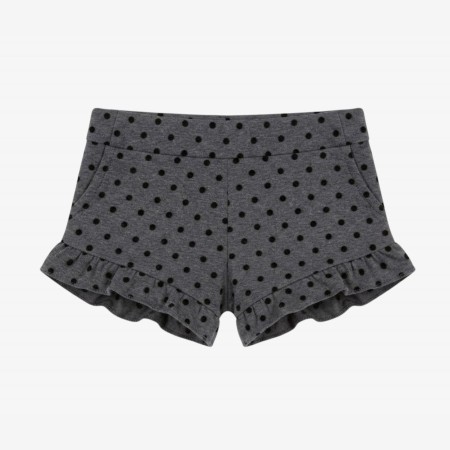 Black shorts with black velvet polka dots