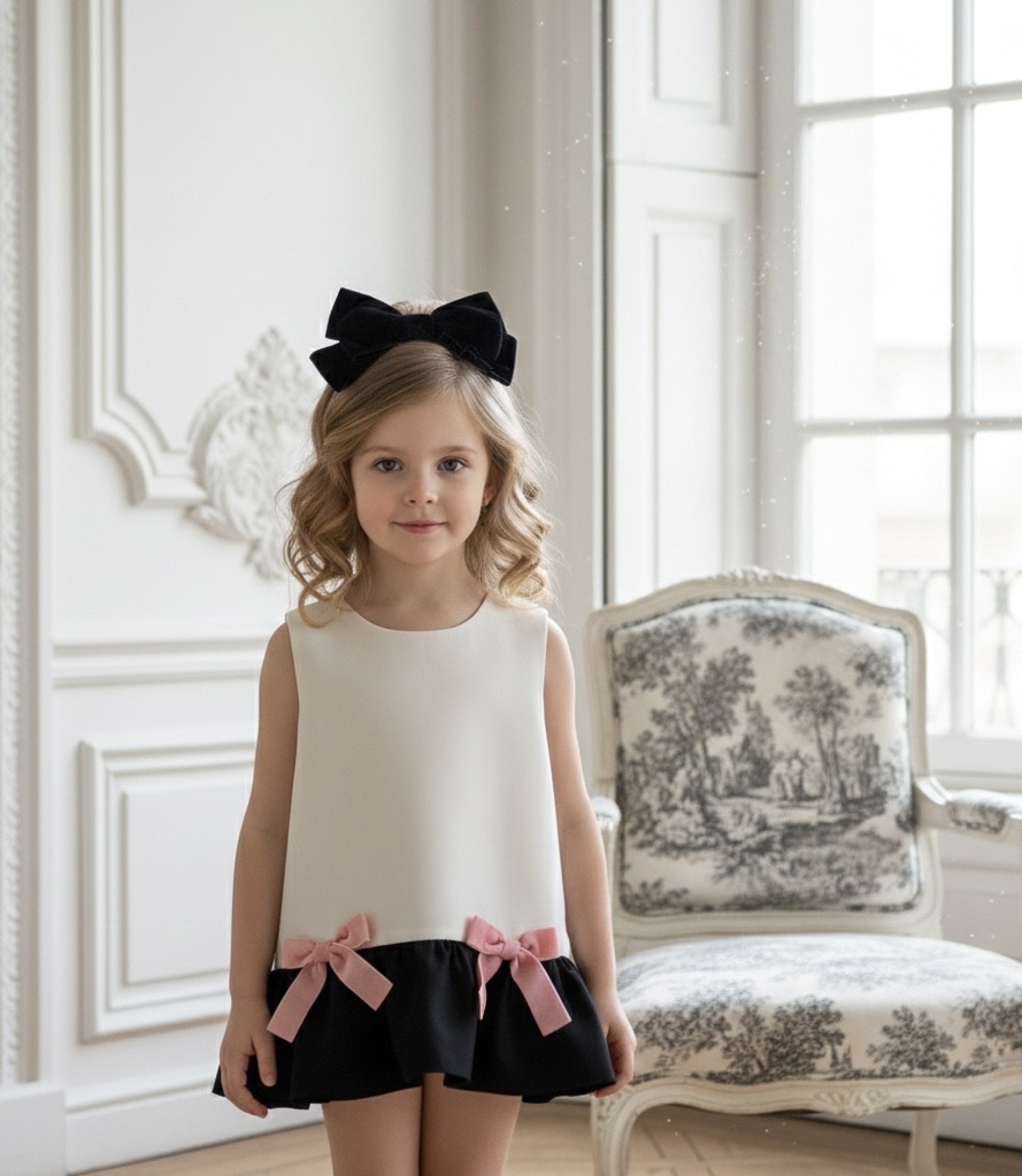 Robe ivoire et noire avec des nœuds roses.