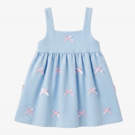 Vestido veludo azul bebé com laços rosa Vestido veludo azul bebé com laços rosa