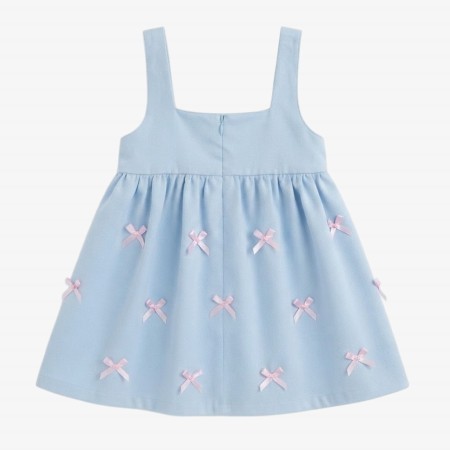 Baby blue velvet dress with pink bows.