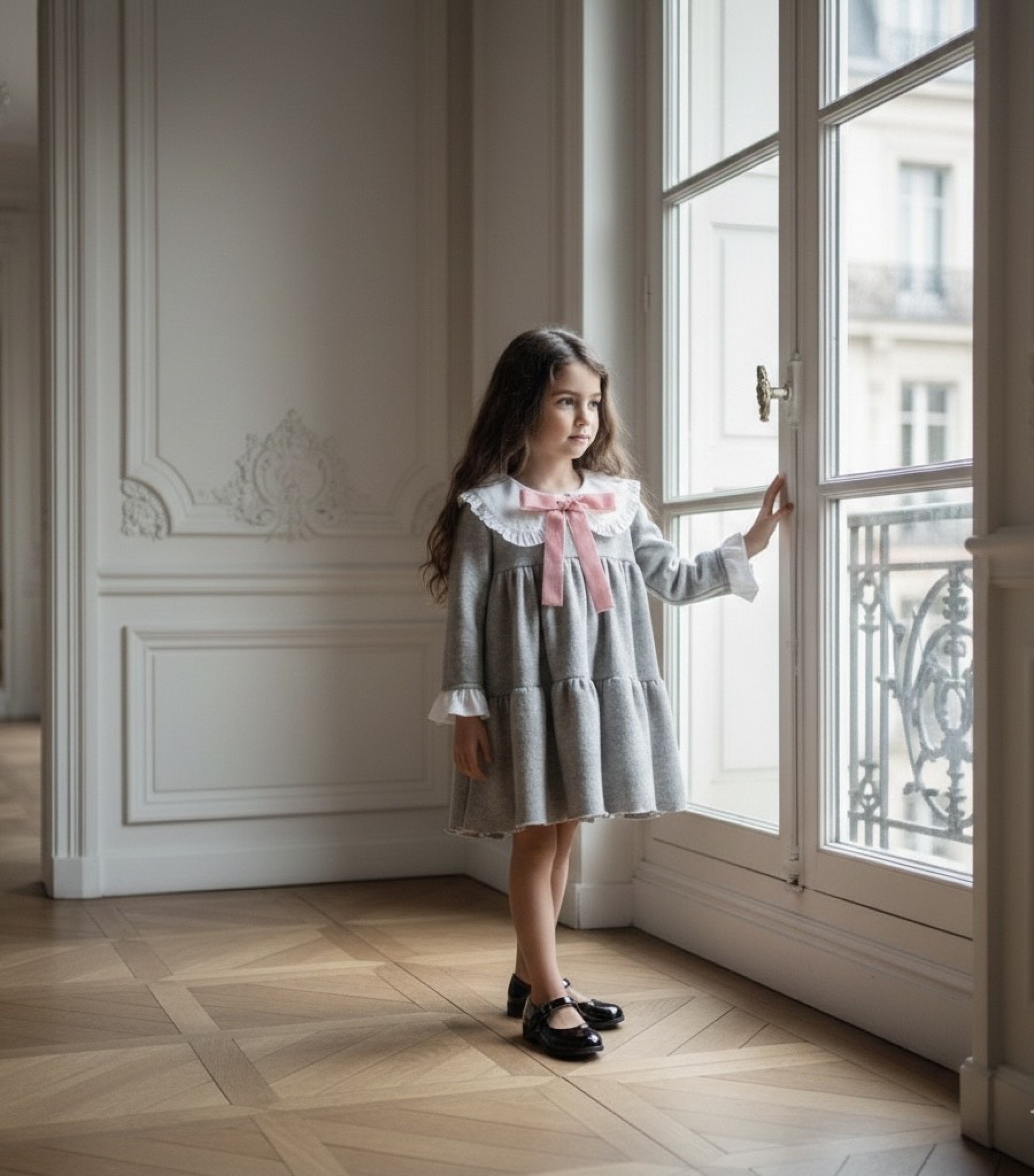 Grey dress with pink bow