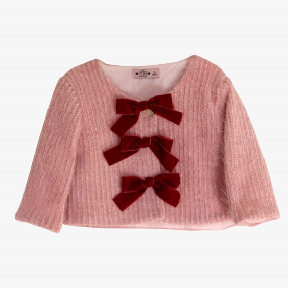 Pink jersey cardigan with bordeaux bows