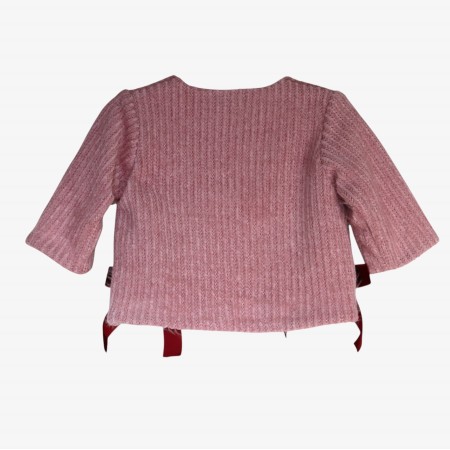 Pink knit sweater with burgundy velvet bows