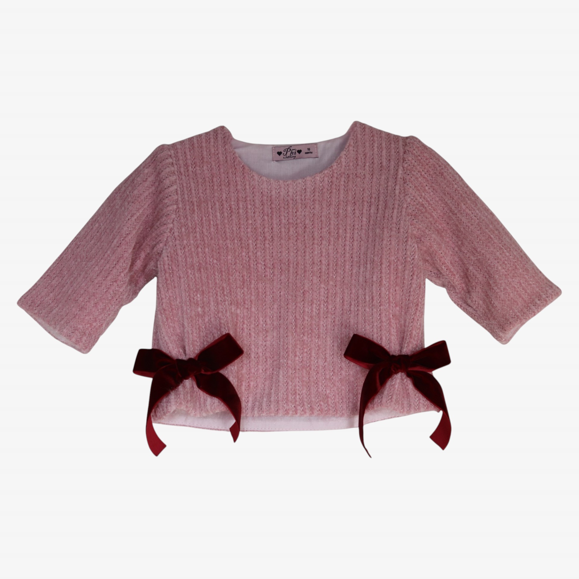 Pink knit sweater with burgundy velvet bows