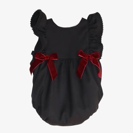 Navy blue romper with burgundy velvet bows. Navy blue romper with burgundy velvet bows.