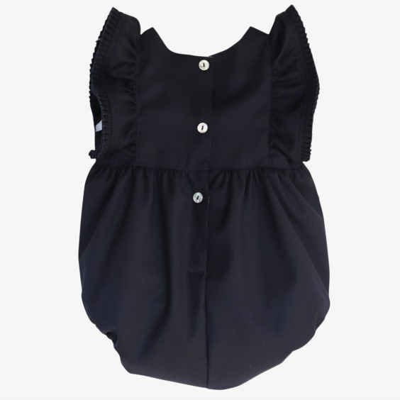 Navy blue romper with burgundy velvet bows.