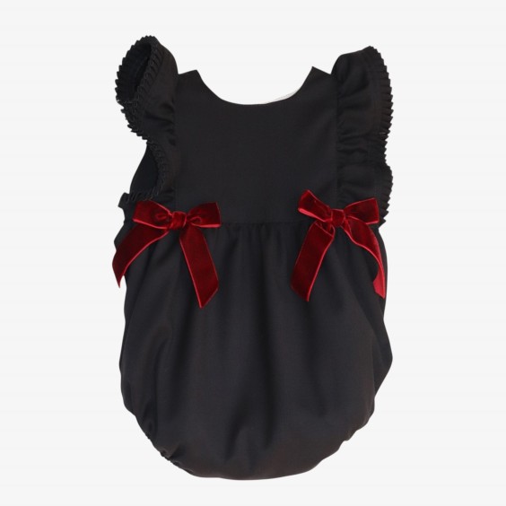 Navy blue romper with burgundy velvet bows.