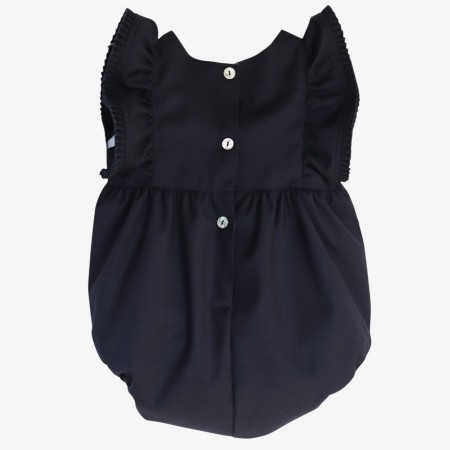 Navy blue romper with burgundy velvet bows. Navy blue romper with burgundy velvet bows.