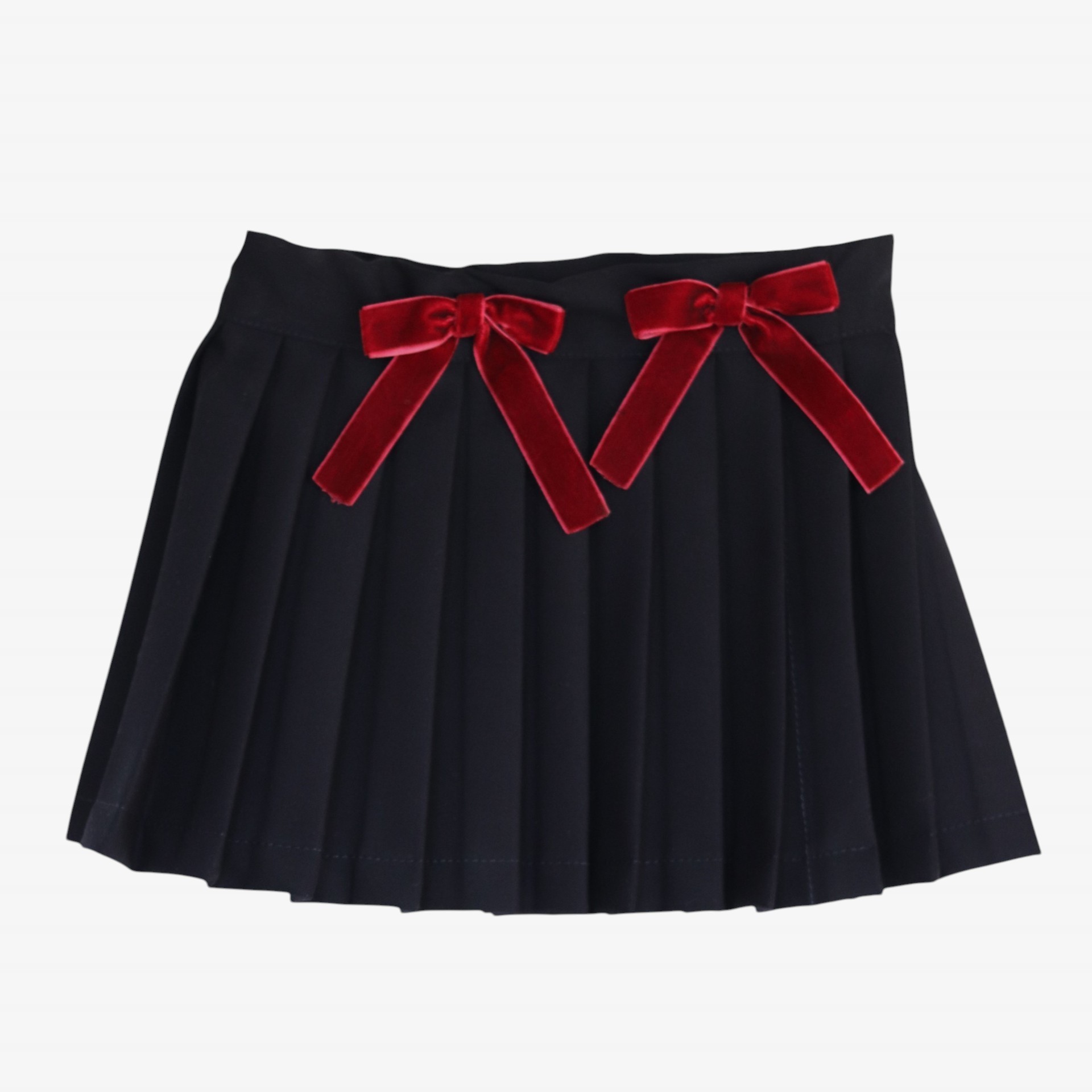 Blue pleated skirt with burgundy bows