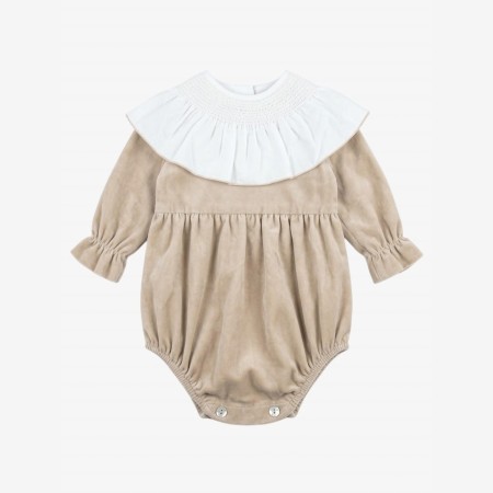 Beige velvet romper with a smocked collar.