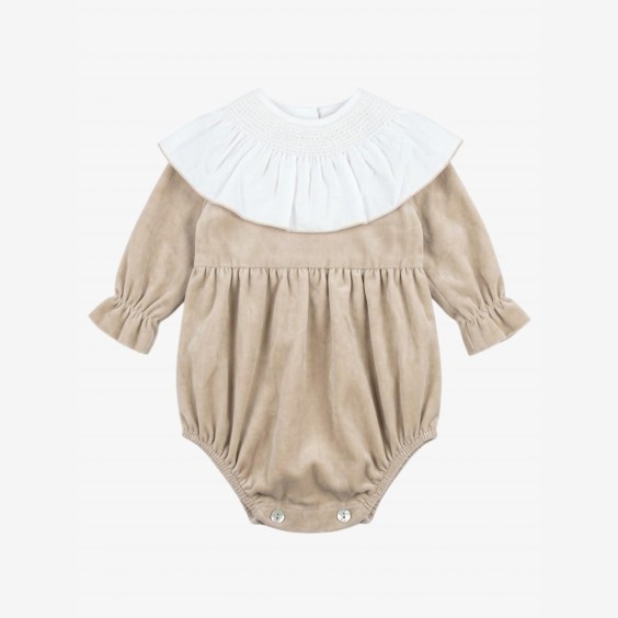 Beige velvet romper with a smocked collar.