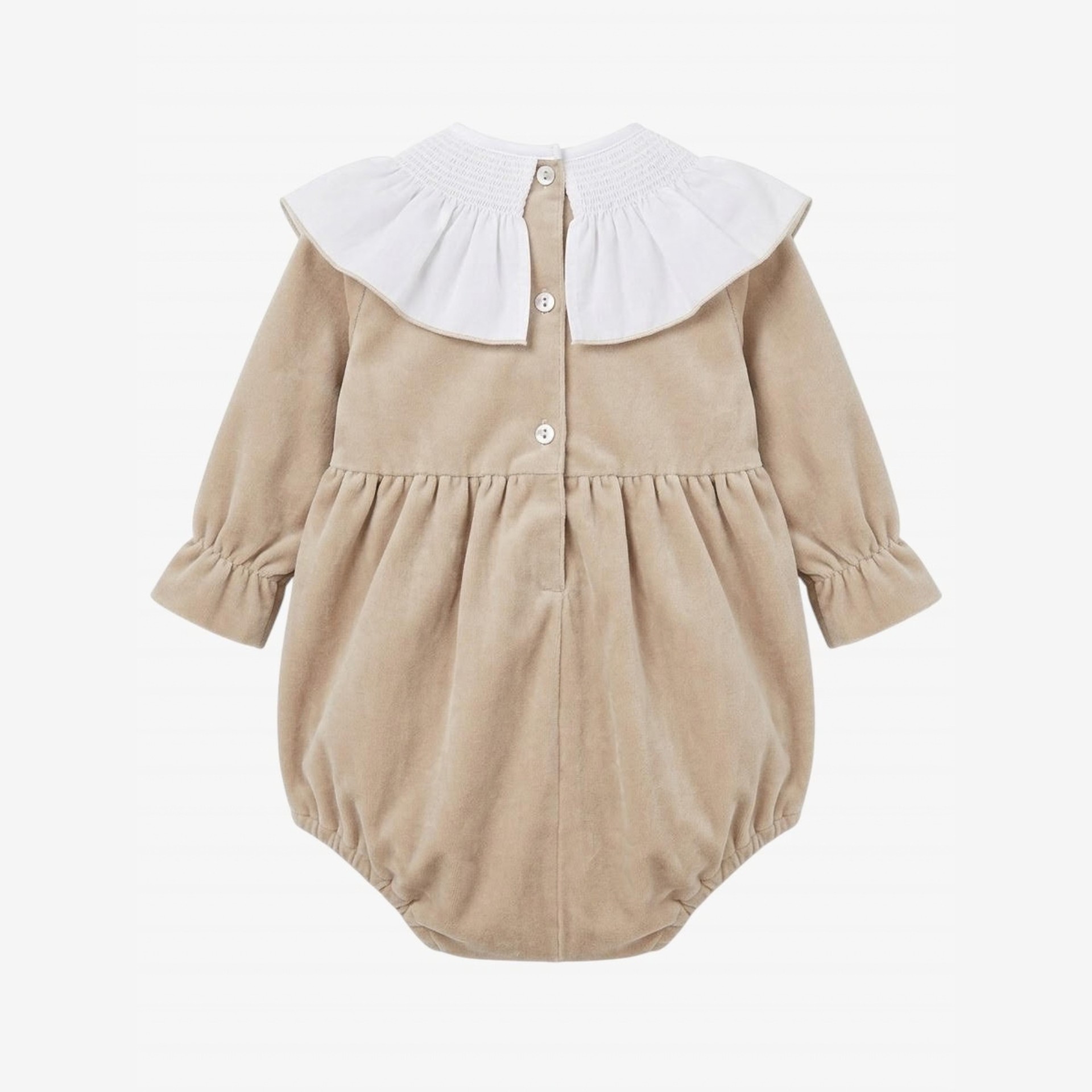 Beige velvet romper with a smocked collar.