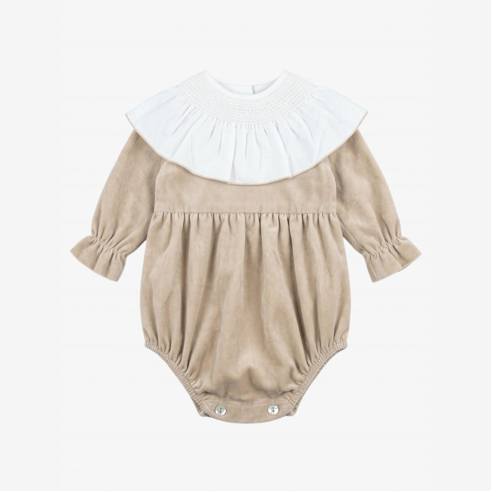 Beige velvet romper with a smocked collar.