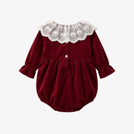 Burgundy velvet romper with a tulle collar