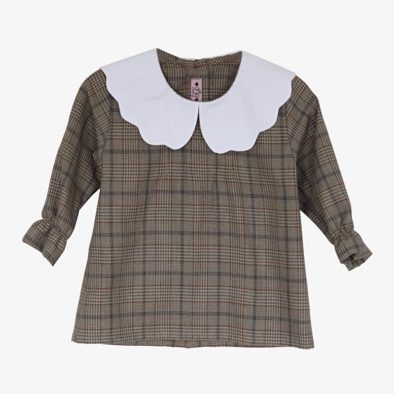 Cream plaid blouse with white collar Cream plaid blouse with white collar
