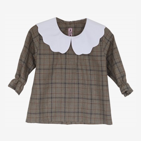 Cream plaid blouse with white collar Cream plaid blouse with white collar