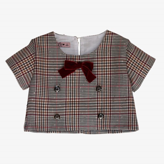 Cream and burgundy plaid blouse with sequins