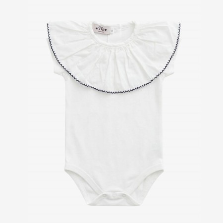 Body/T-shirt blanc coupé en biais avec bordure picot bleu marine Body/T-shirt blanc coupé en biais avec bordure picot bleu marine