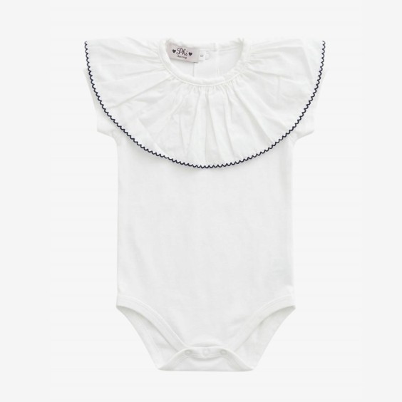 Body/T-shirt blanc coup� en biais avec bordure picot bleu marine