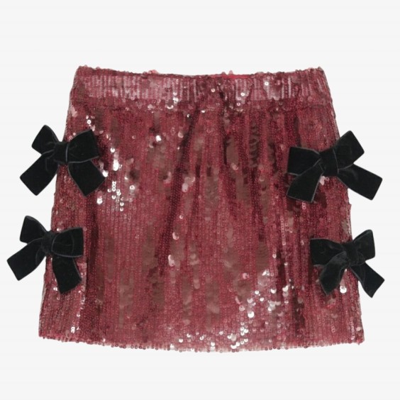 Jupe bordeaux à sequins et nœuds